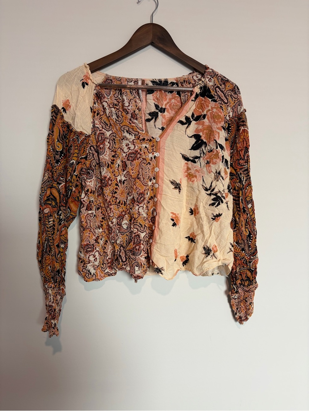 Free People Gemini Blouse Floral Paisley Patchwork Boho Peasant Top